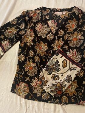 Belle by Kim Gravel Black Floral Wrap Blouse with Gold and Red Accents